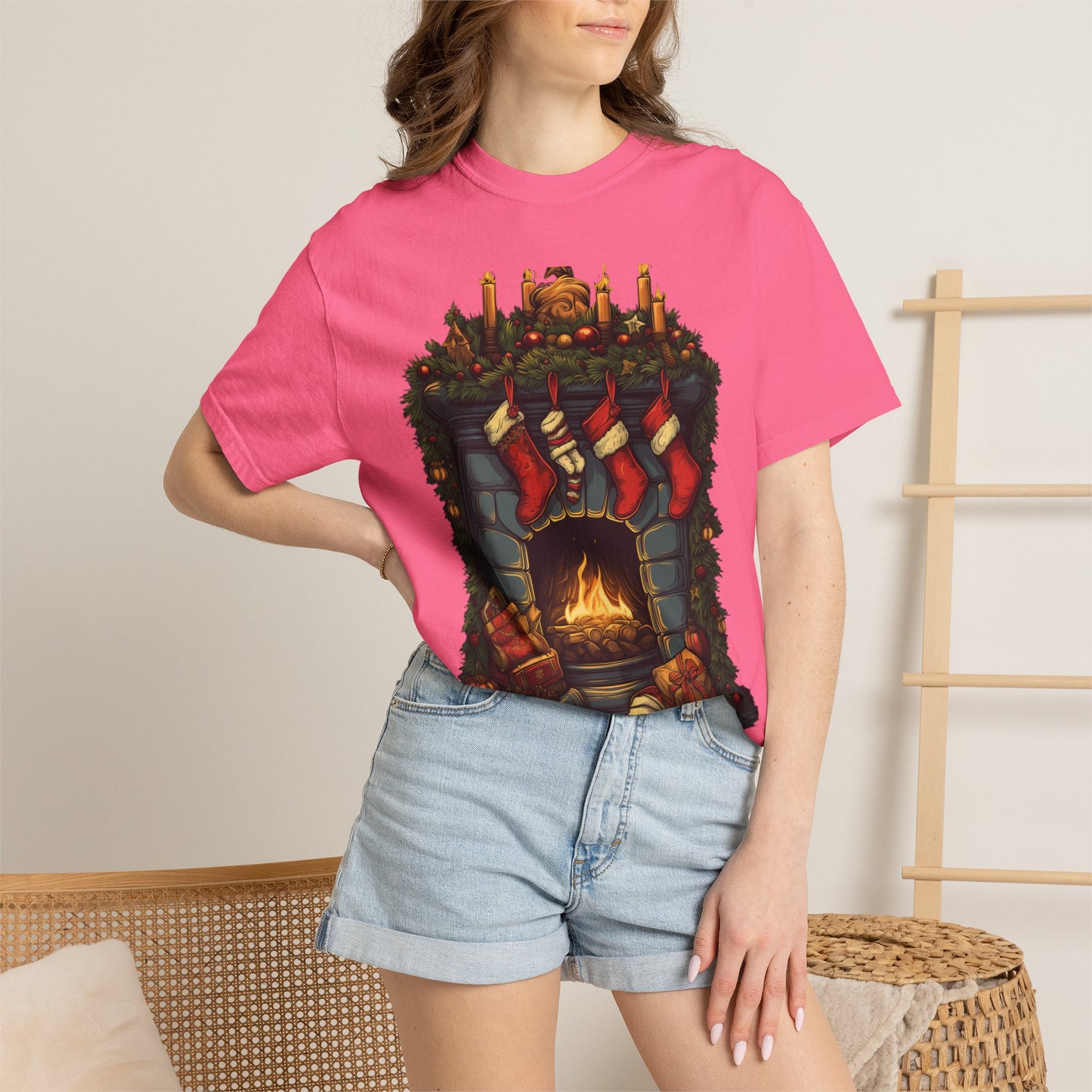Christmas Fireplace Tee Stockings Garment-Dyed