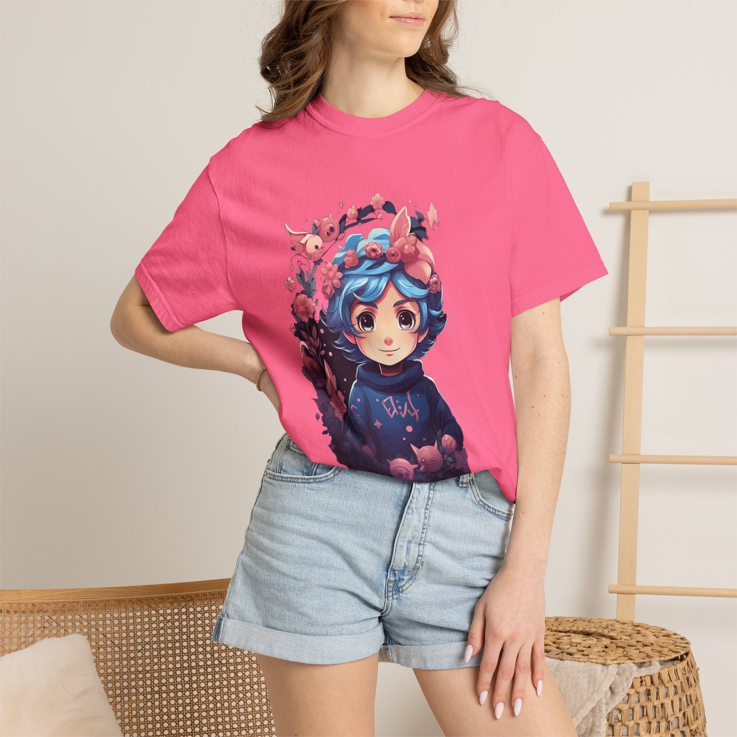 Kawaii Anime Girl Floral Garment-Dyed Tee
