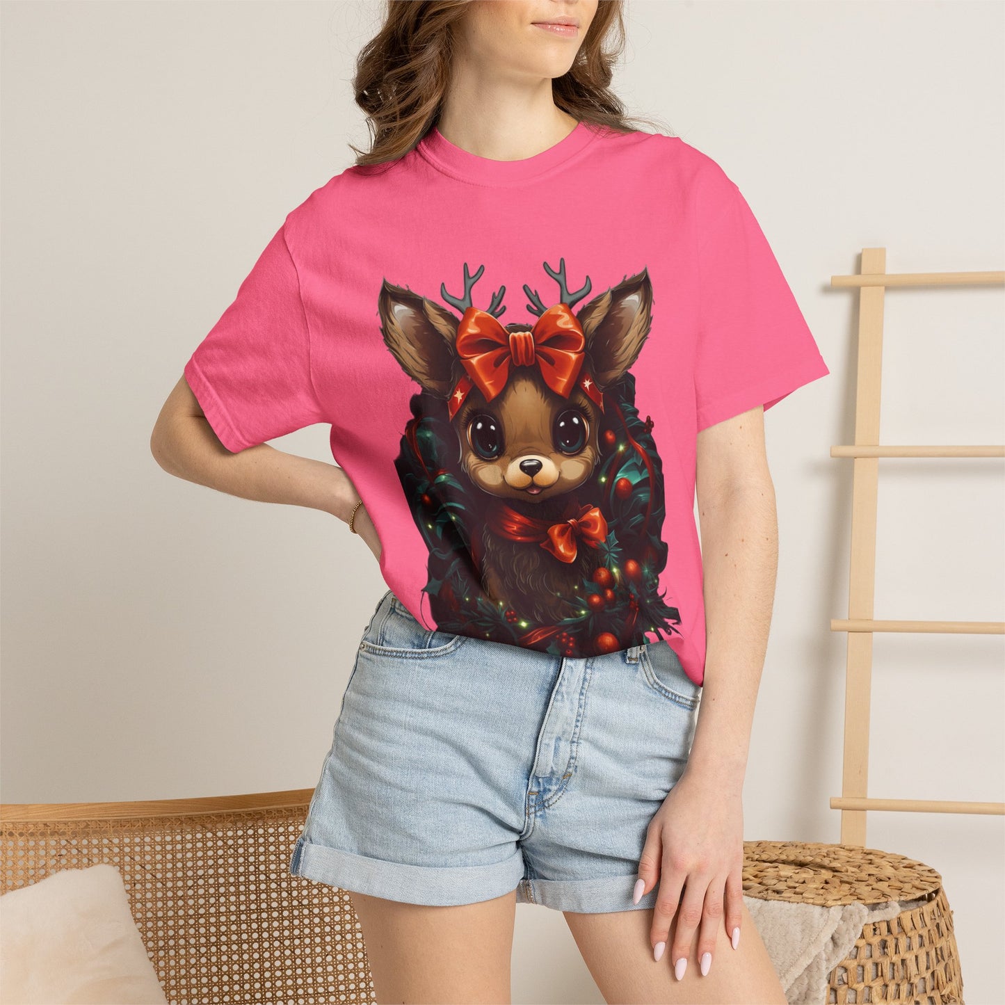 Cute Christmas Reindeer Garment-Dyed Tee Bow
