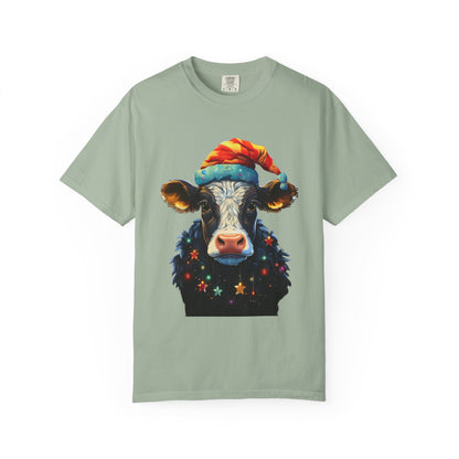 Christmas Cow Santa Hat Garment-Dyed Tee