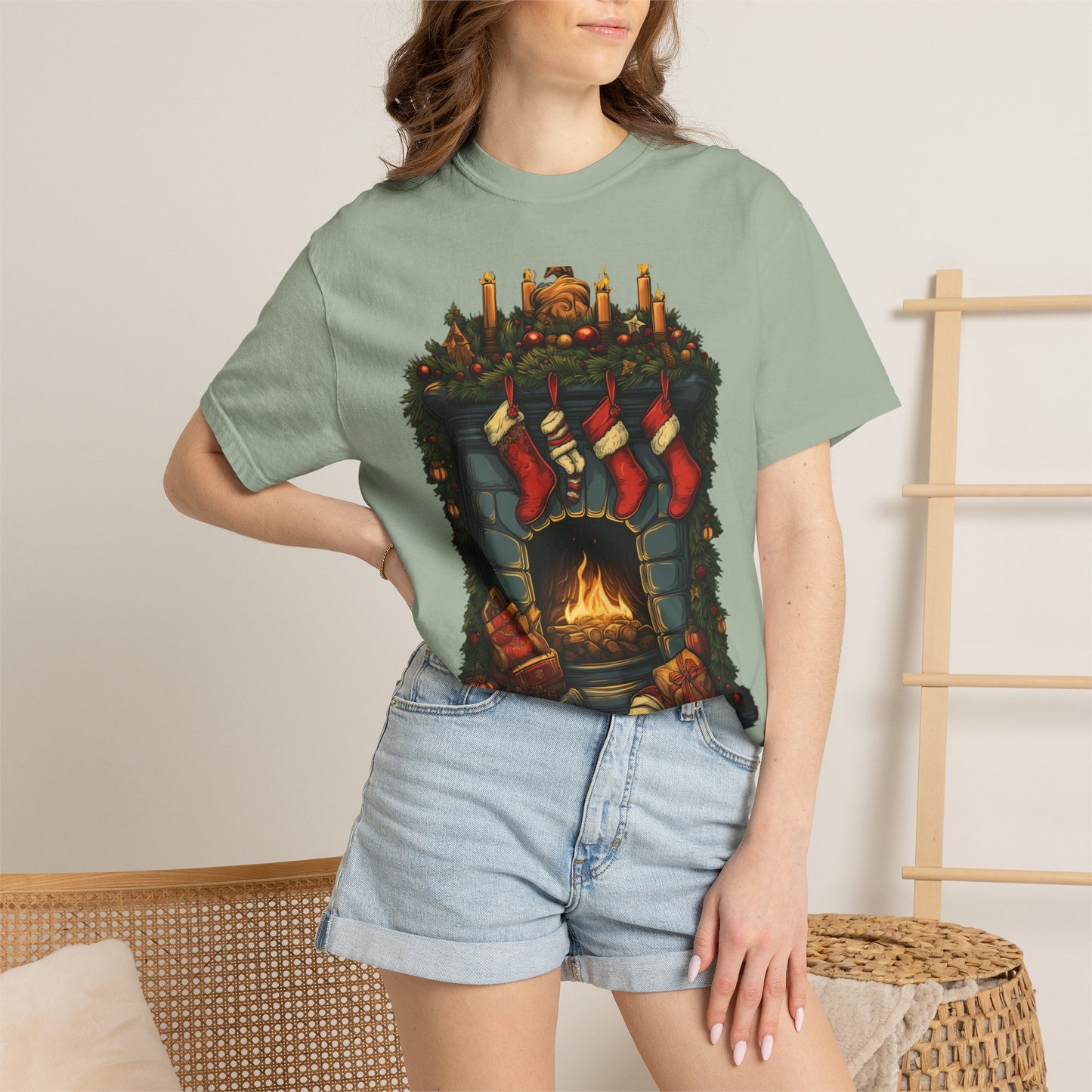 Christmas Fireplace Tee Stockings Garment-Dyed