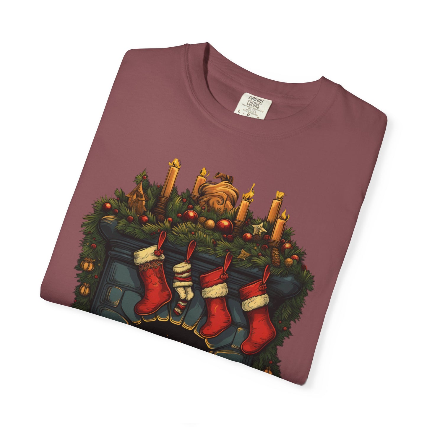 Christmas Fireplace Tee Stockings Garment-Dyed