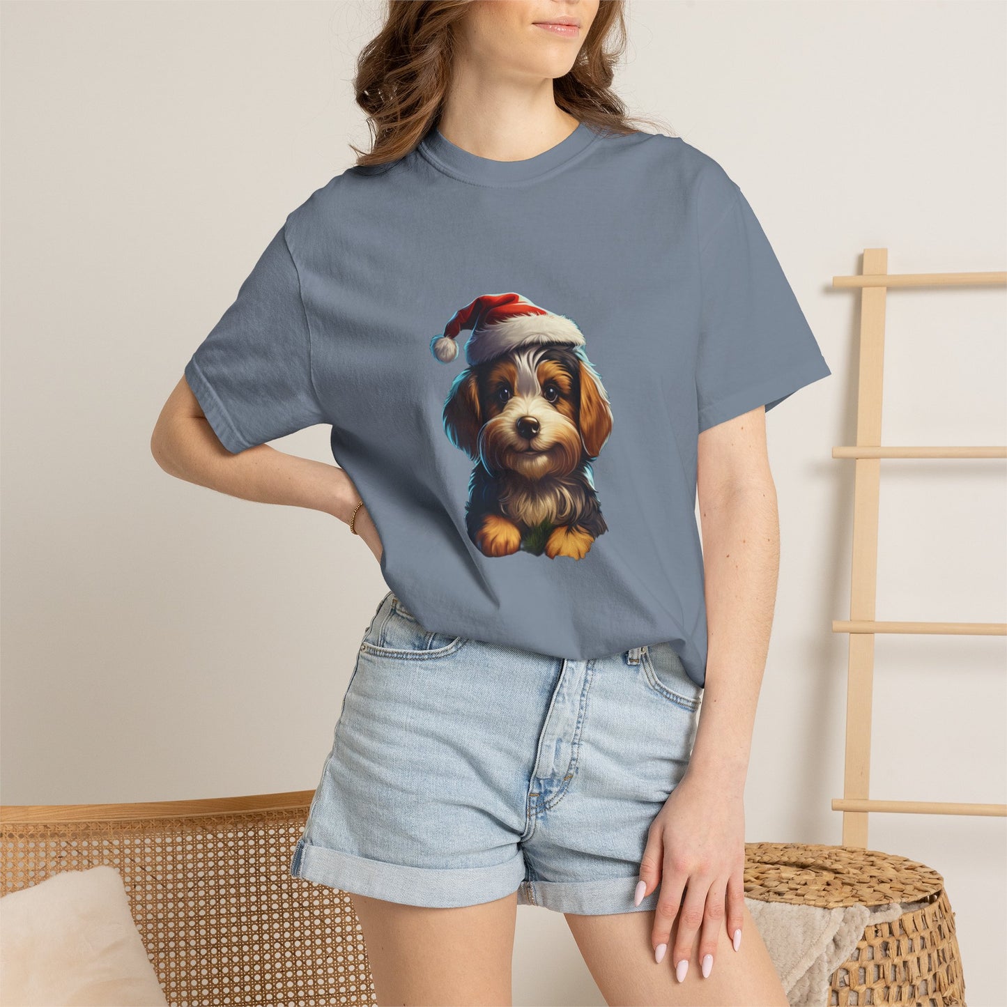 Christmas Puppy Santa Hat Garment-Dyed Tee