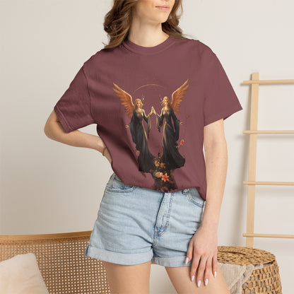 Angel Shirt Celestial Twin Angels Floral Gold