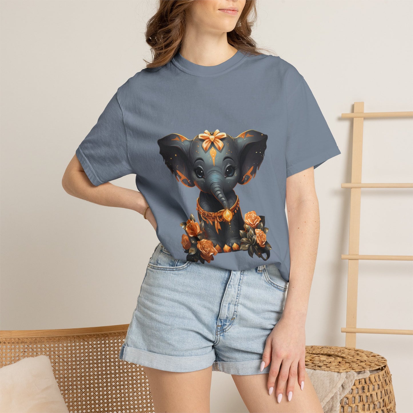 Cute Elephant Tee Gold Roses Garment-Dyed Shirt