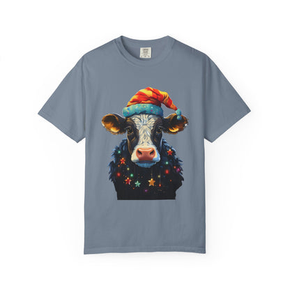 Christmas Cow Santa Hat Garment-Dyed Tee