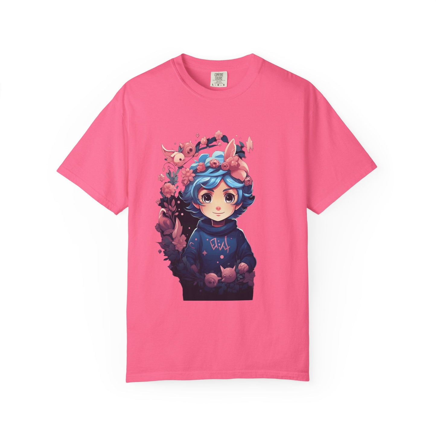 Kawaii Anime Girl Floral Garment-Dyed Tee