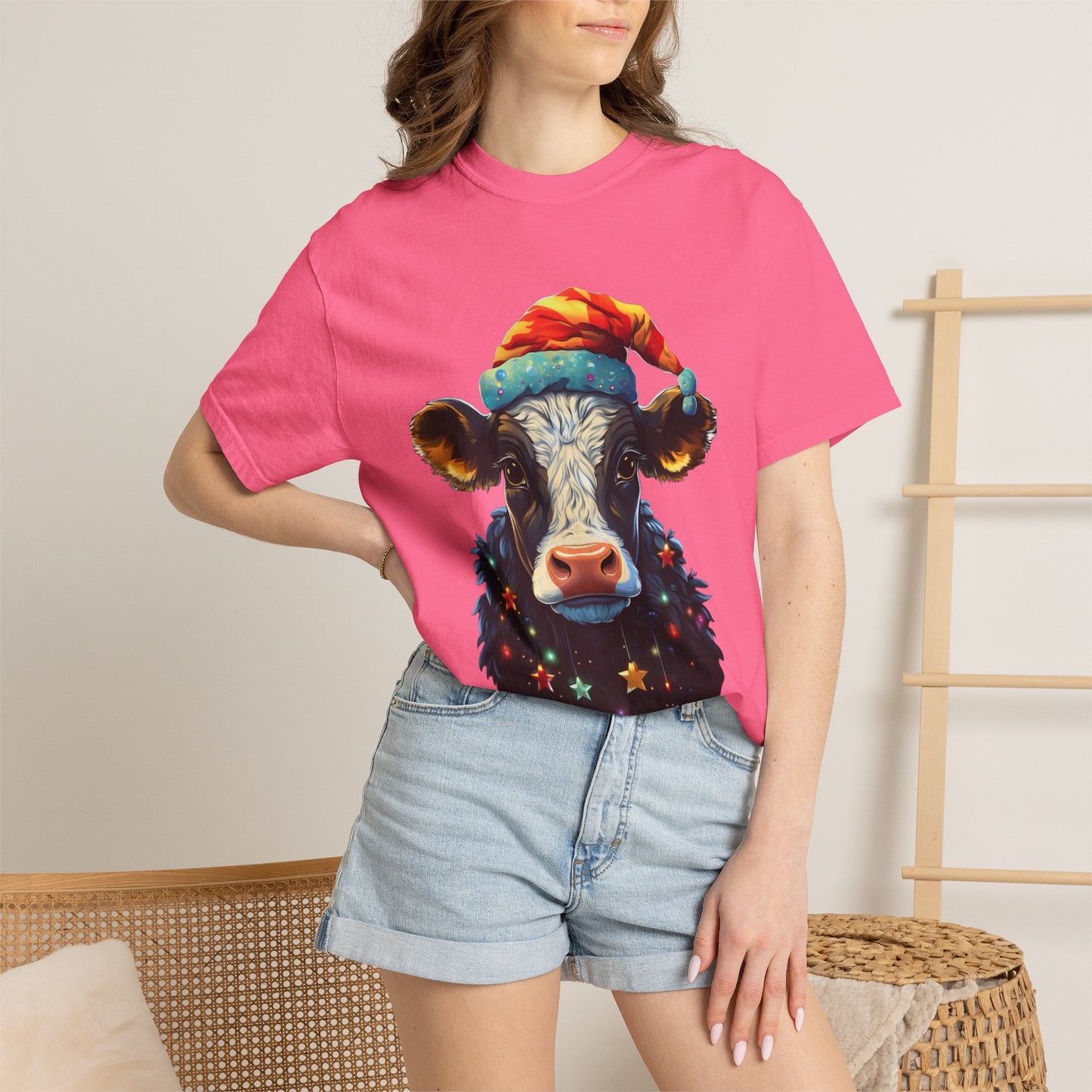 Christmas Cow Santa Hat Garment-Dyed Tee