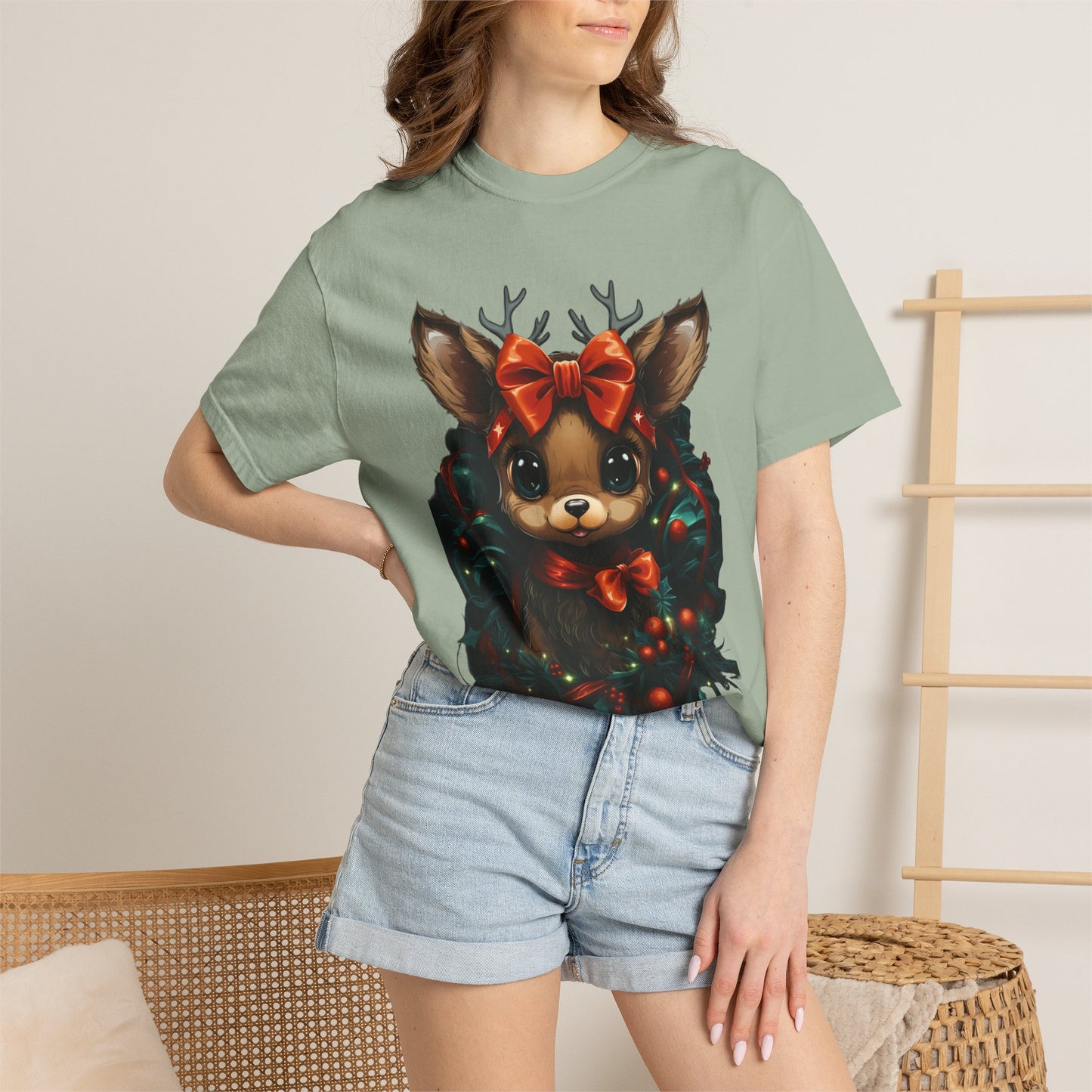 Cute Christmas Reindeer Garment-Dyed Tee Bow