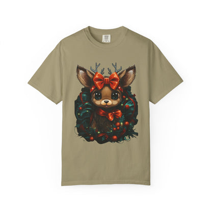 Cute Christmas Reindeer Garment-Dyed Tee Bow
