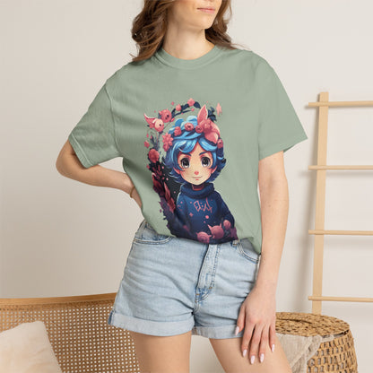 Kawaii Anime Girl Floral Garment-Dyed Tee