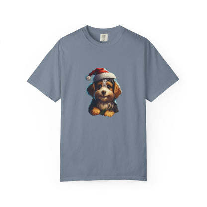 Christmas Puppy Santa Hat Garment-Dyed Tee