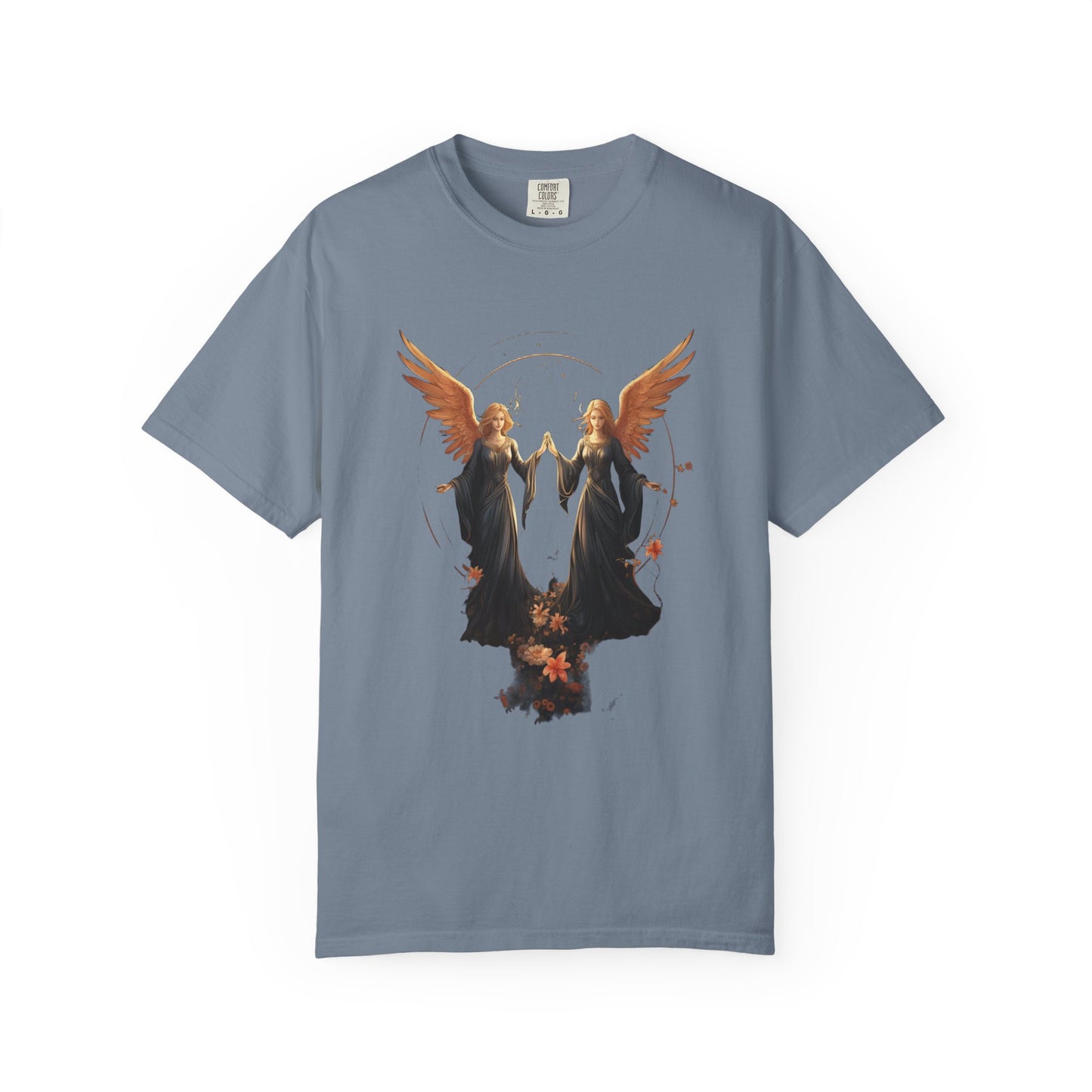 Angel Shirt Celestial Twin Angels Floral Gold