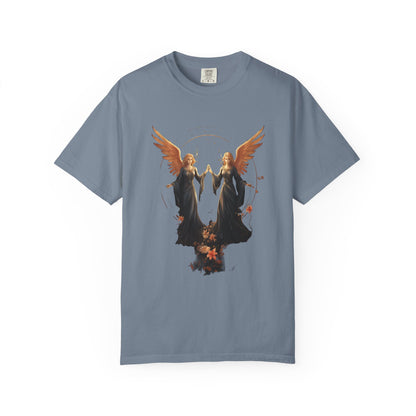 Angel Shirt Celestial Twin Angels Floral Gold