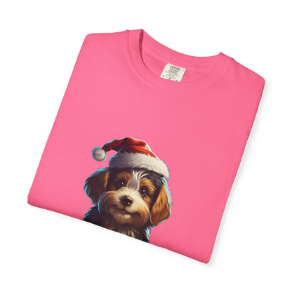 Christmas Puppy Santa Hat Garment-Dyed Tee