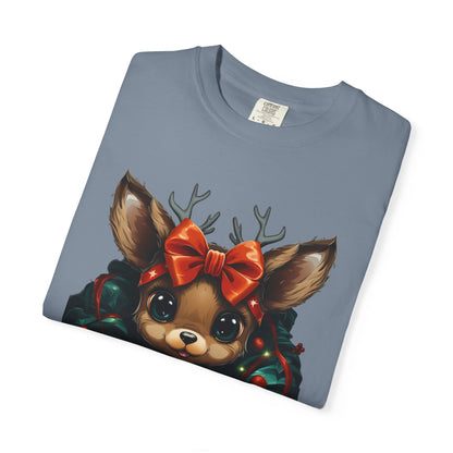 Cute Christmas Reindeer Garment-Dyed Tee Bow