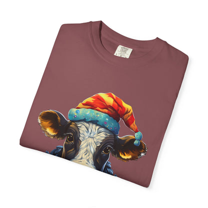 Christmas Cow Santa Hat Garment-Dyed Tee