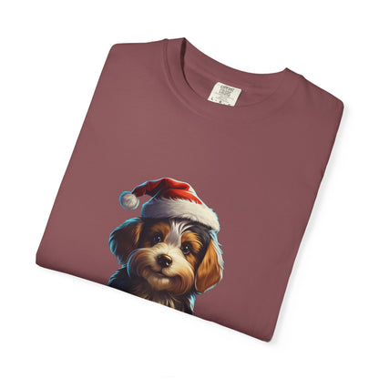 Christmas Puppy Santa Hat Garment-Dyed Tee