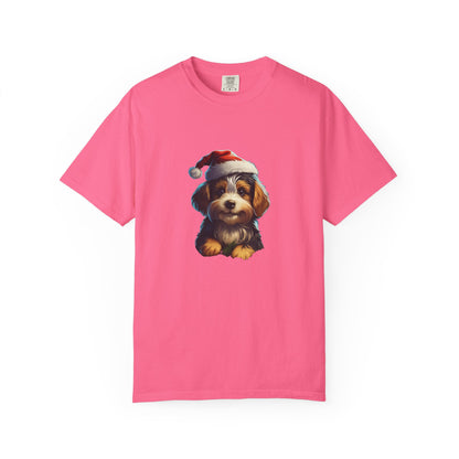 Christmas Puppy Santa Hat Garment-Dyed Tee