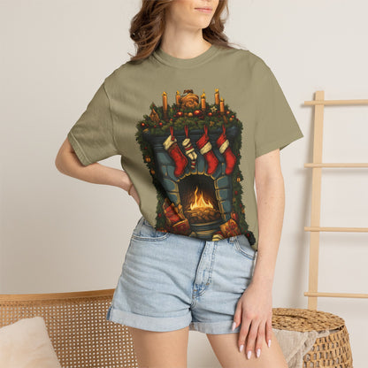 Christmas Fireplace Tee Stockings Garment-Dyed