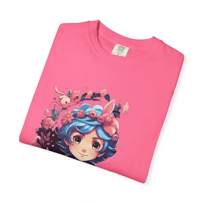 Kawaii Anime Girl Floral Garment-Dyed Tee