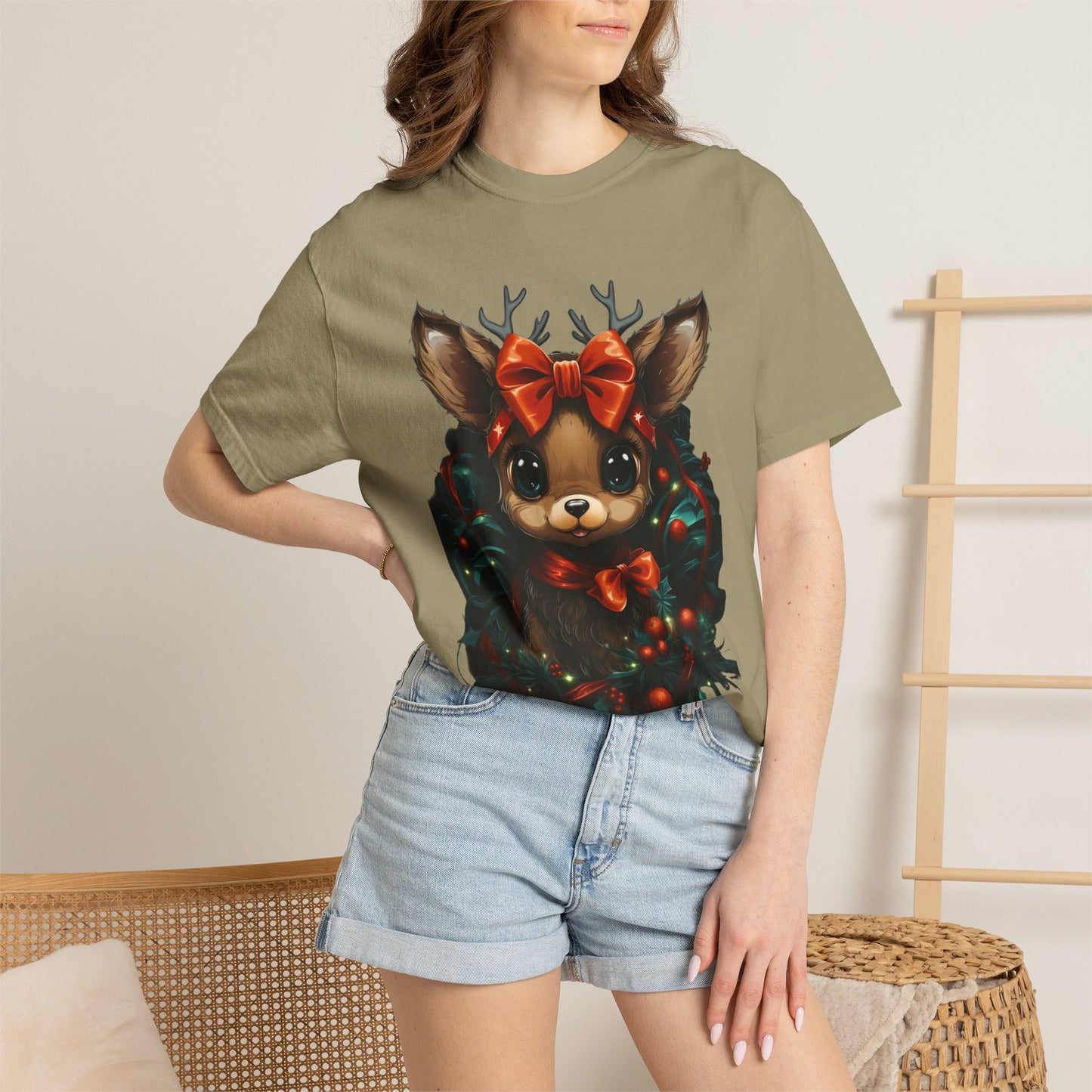 Cute Christmas Reindeer Garment-Dyed Tee Bow