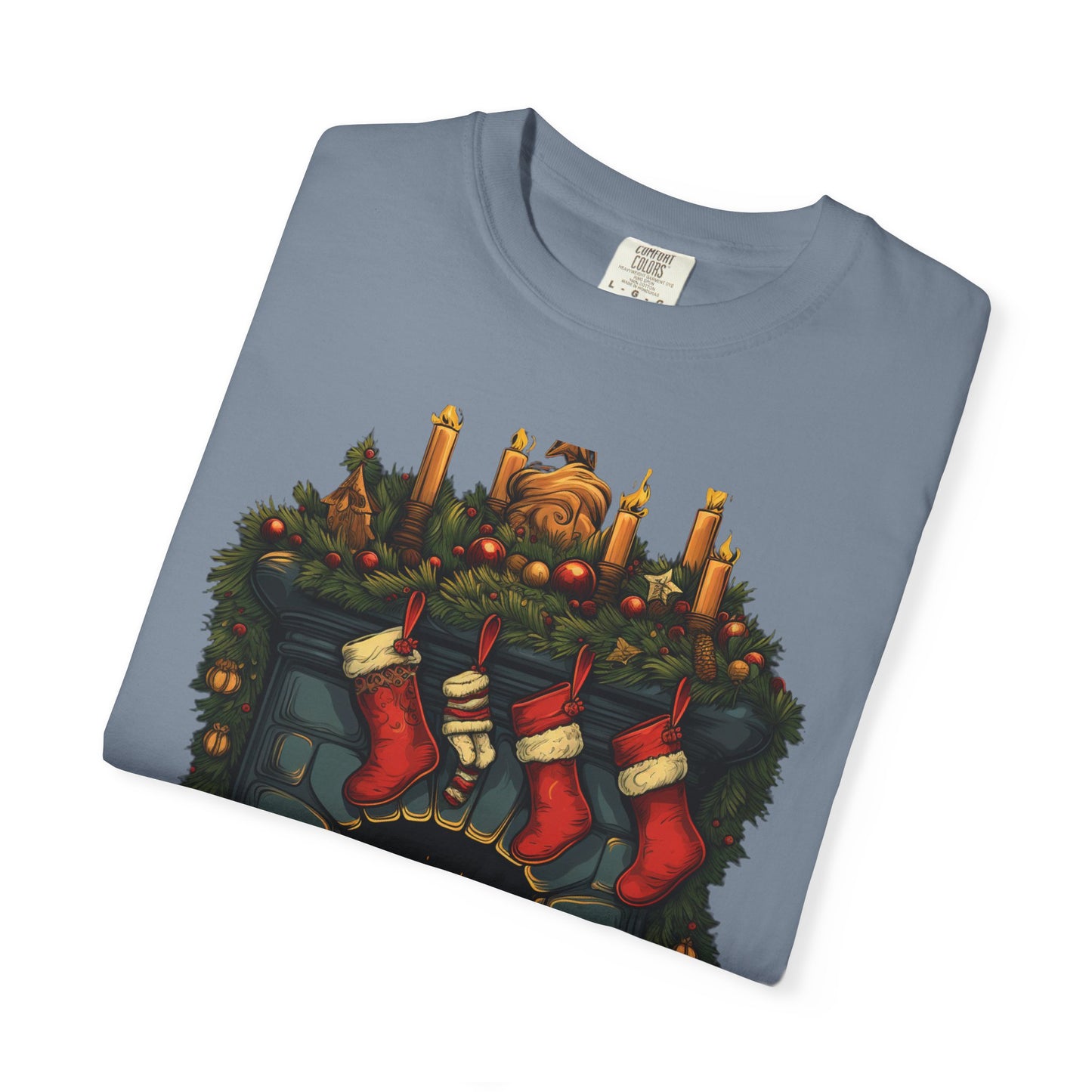 Christmas Fireplace Tee Stockings Garment-Dyed
