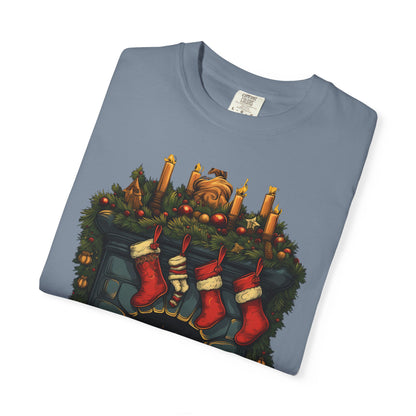 Christmas Fireplace Tee Stockings Garment-Dyed