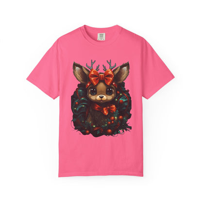 Cute Christmas Reindeer Garment-Dyed Tee Bow