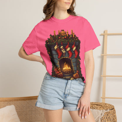 Christmas Fireplace Tee Stockings Garment-Dyed