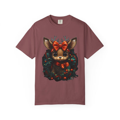 Cute Christmas Reindeer Garment-Dyed Tee Bow