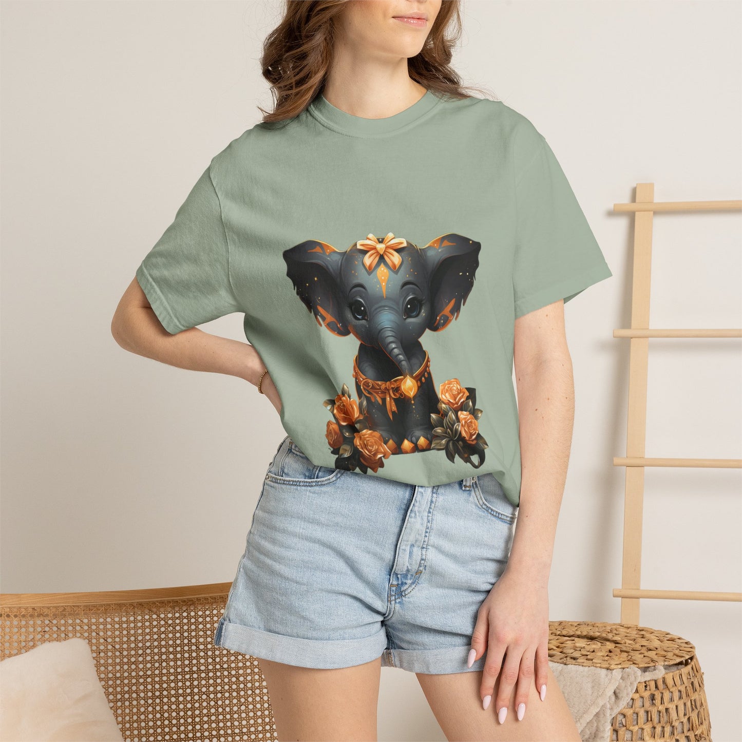Cute Elephant Tee Gold Roses Garment-Dyed Shirt