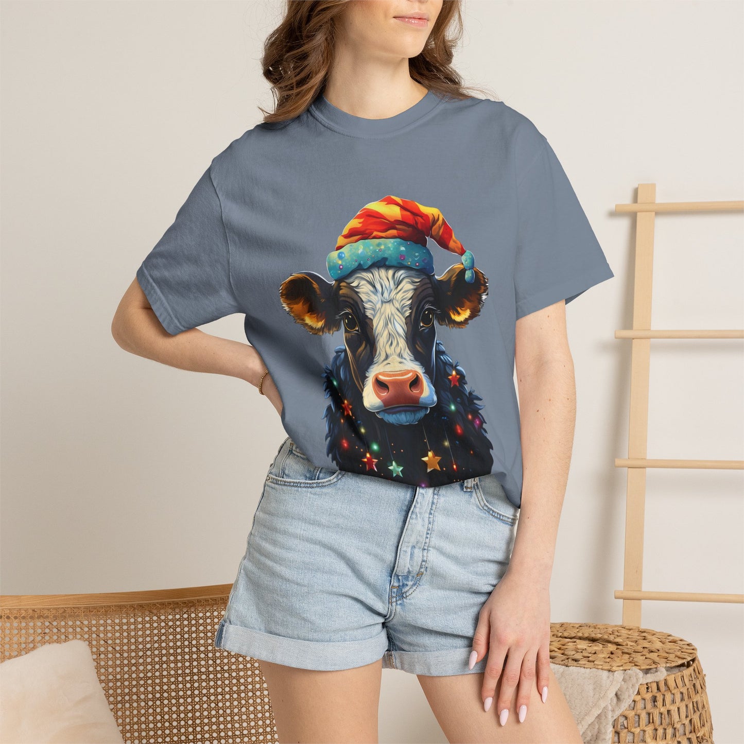 Christmas Cow Santa Hat Garment-Dyed Tee