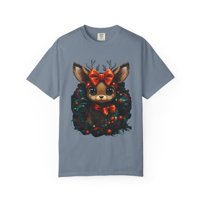 Cute Christmas Reindeer Garment-Dyed Tee Bow