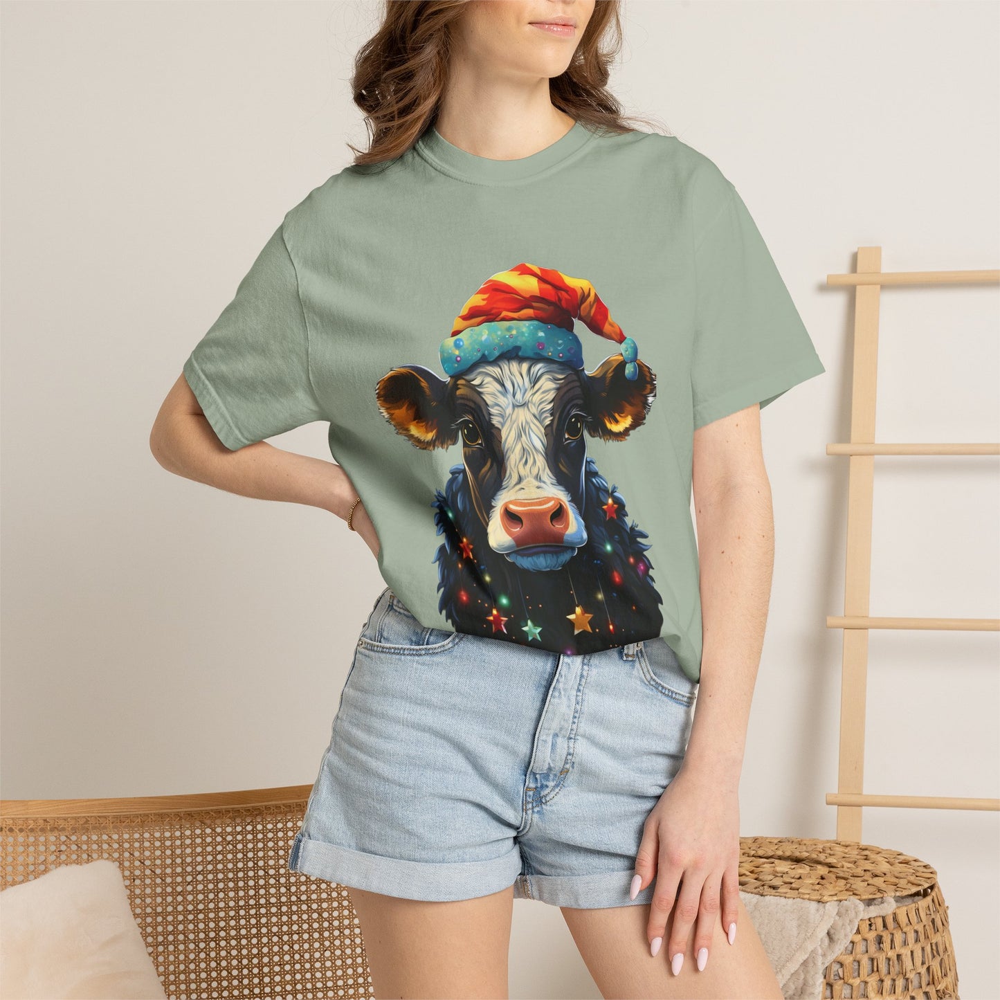 Christmas Cow Santa Hat Garment-Dyed Tee