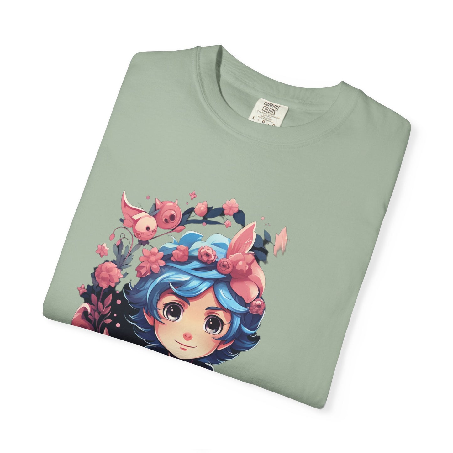 Kawaii Anime Girl Floral Garment-Dyed Tee