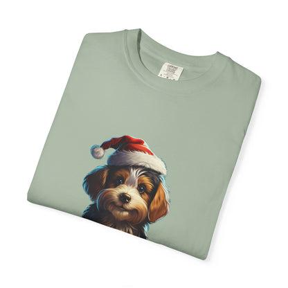 Christmas Puppy Santa Hat Garment-Dyed Tee