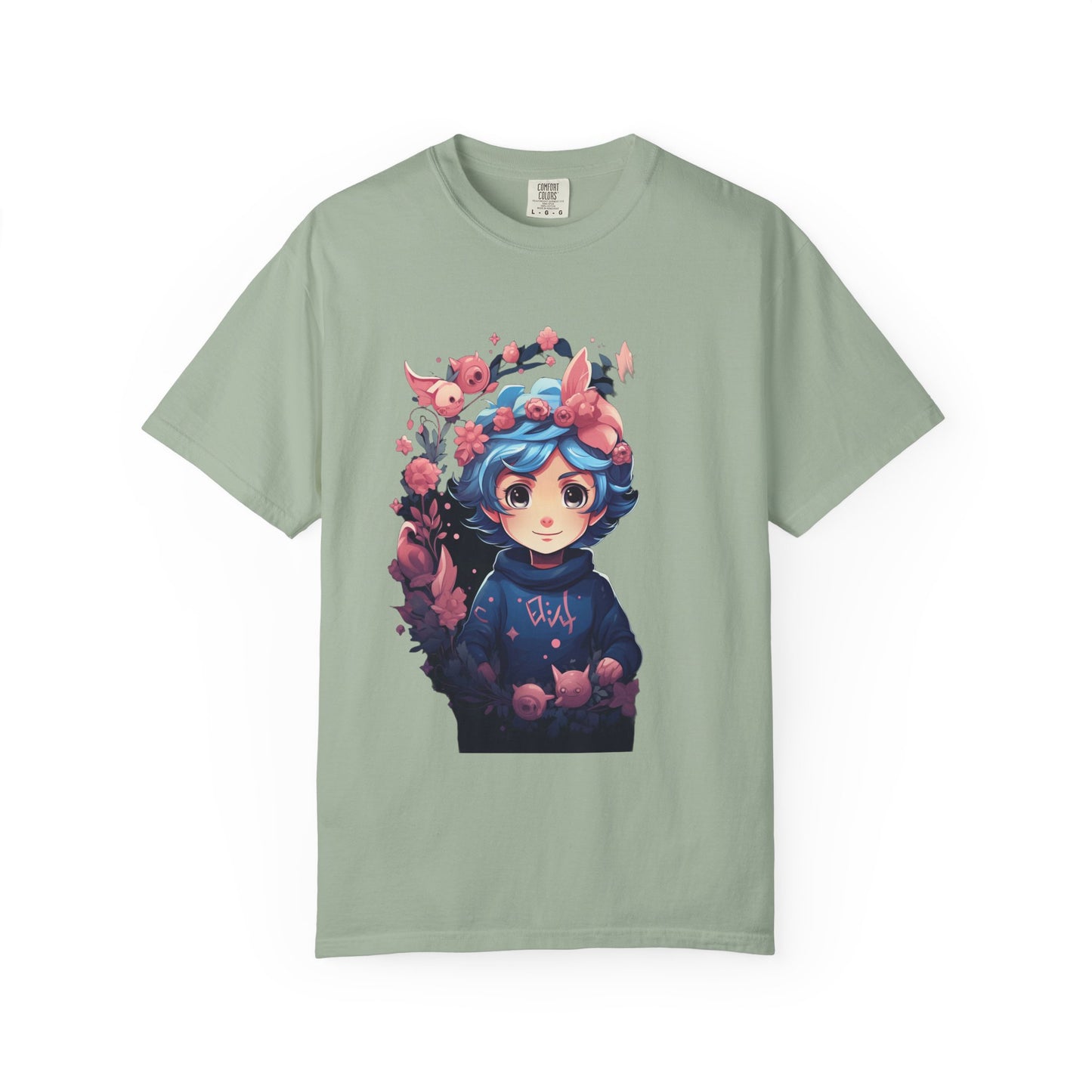 Kawaii Anime Girl Floral Garment-Dyed Tee