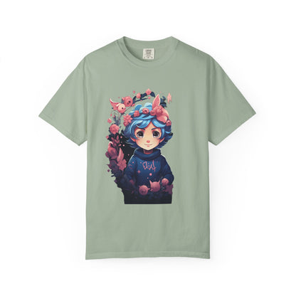 Kawaii Anime Girl Floral Garment-Dyed Tee