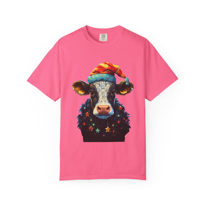 Christmas Cow Santa Hat Garment-Dyed Tee