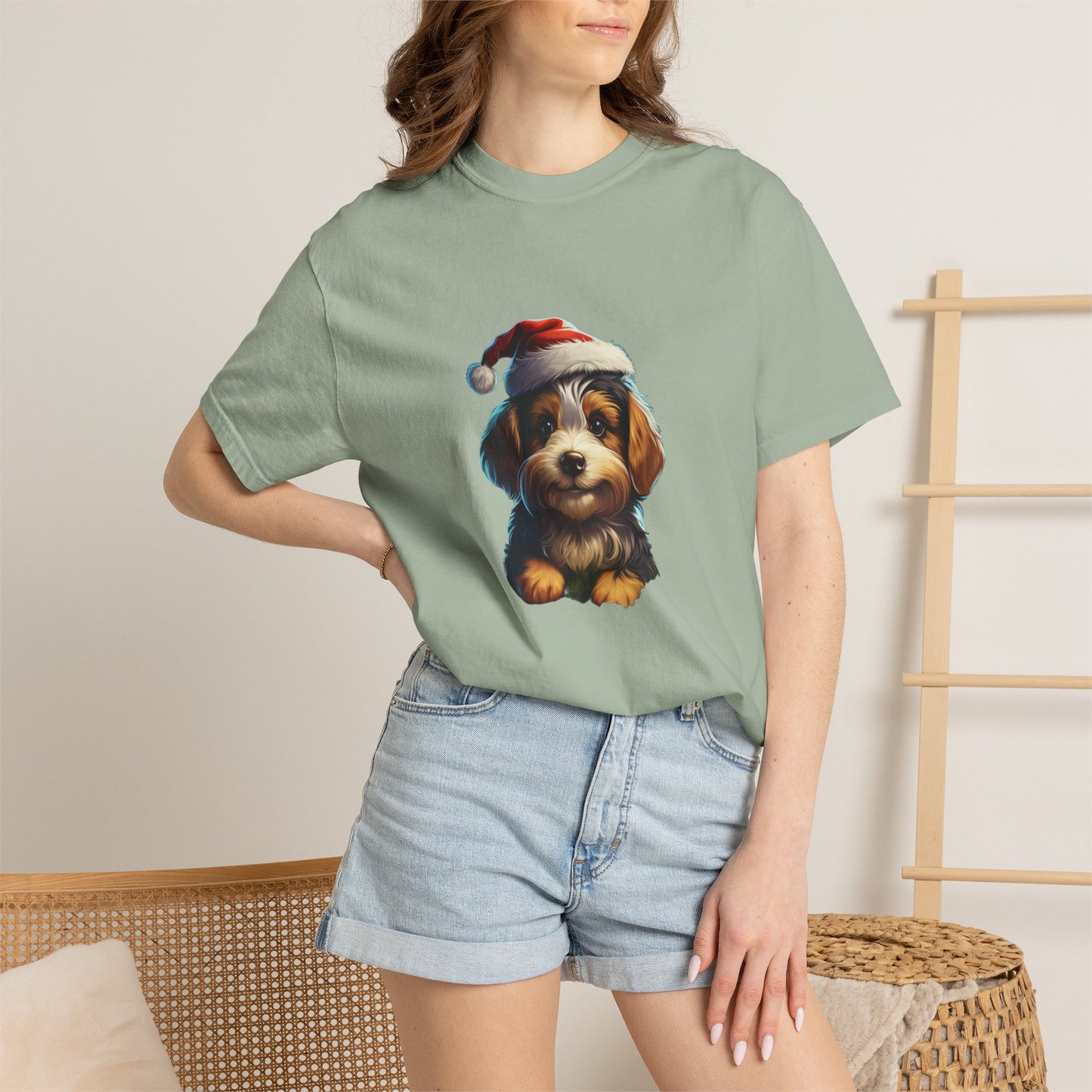 Christmas Puppy Santa Hat Garment-Dyed Tee
