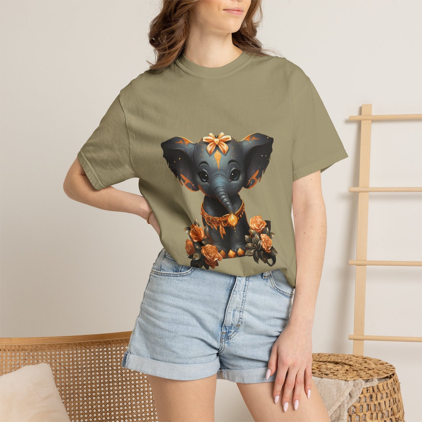 Cute Elephant Tee Gold Roses Garment-Dyed Shirt