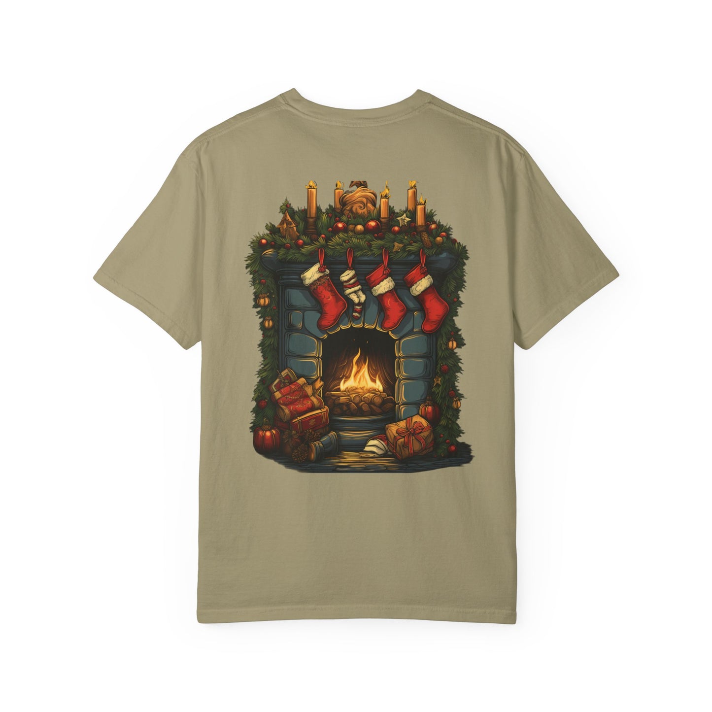 Christmas Fireplace Tee Stockings Garment-Dyed
