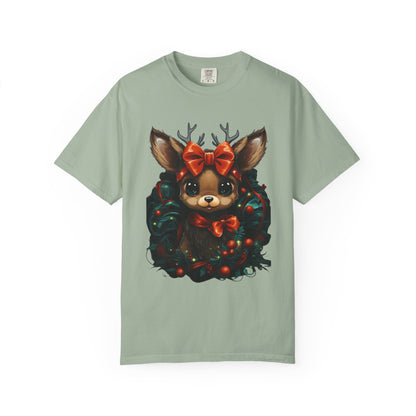 Cute Christmas Reindeer Garment-Dyed Tee Bow