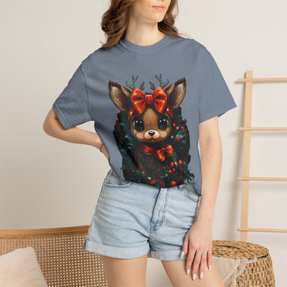 Cute Christmas Reindeer Garment-Dyed Tee Bow