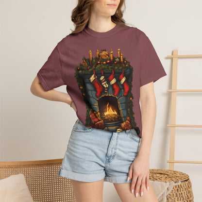 Christmas Fireplace Tee Stockings Garment-Dyed