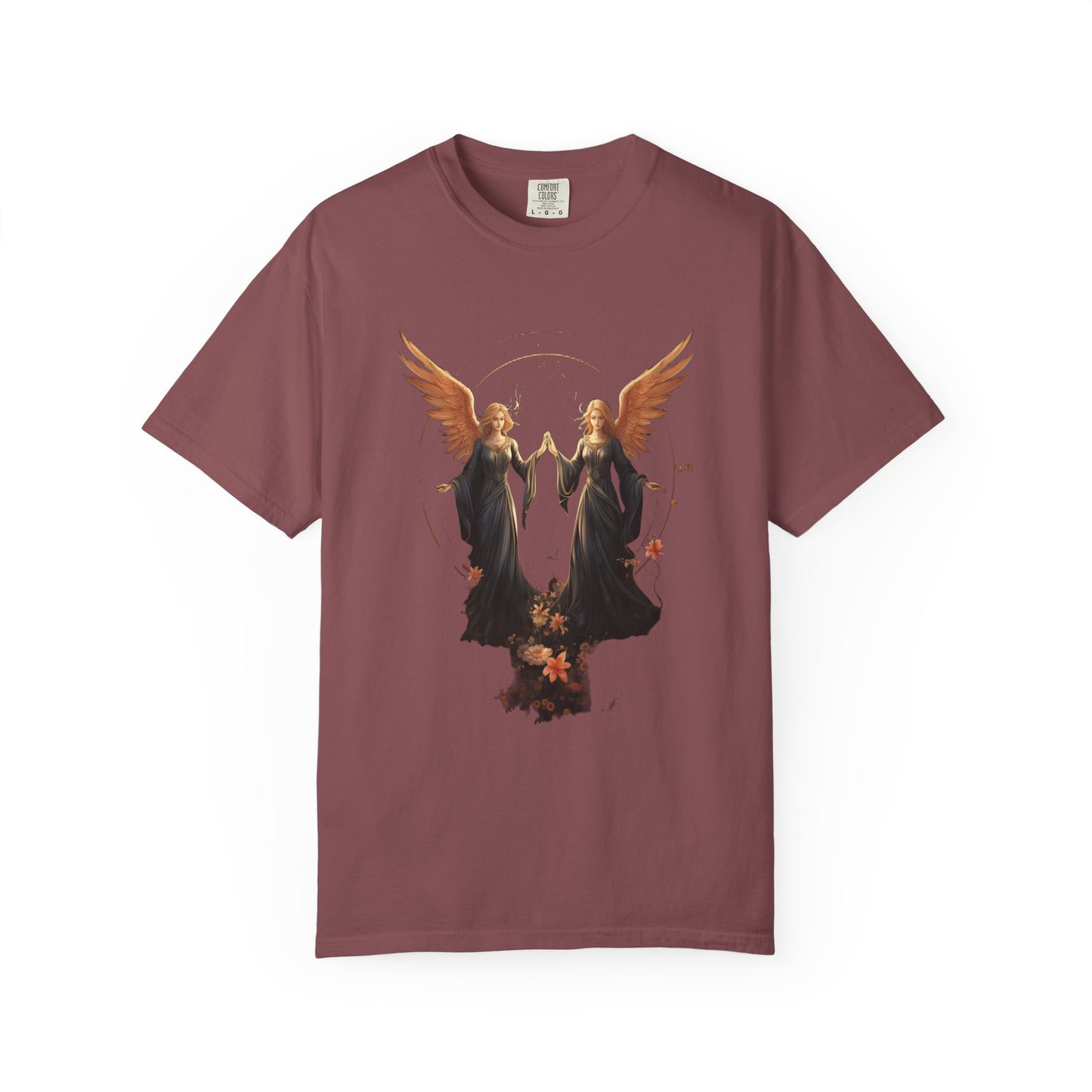 Angel Shirt Celestial Twin Angels Floral Gold