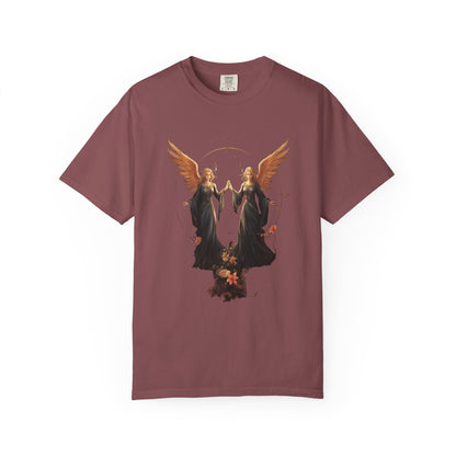 Angel Shirt Celestial Twin Angels Floral Gold