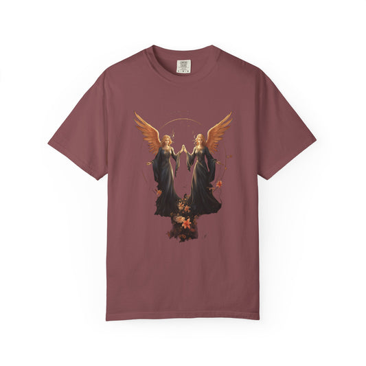 Angel Shirt Celestial Twin Angels Floral Gold