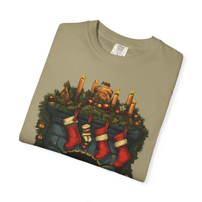 Christmas Fireplace Tee Stockings Garment-Dyed
